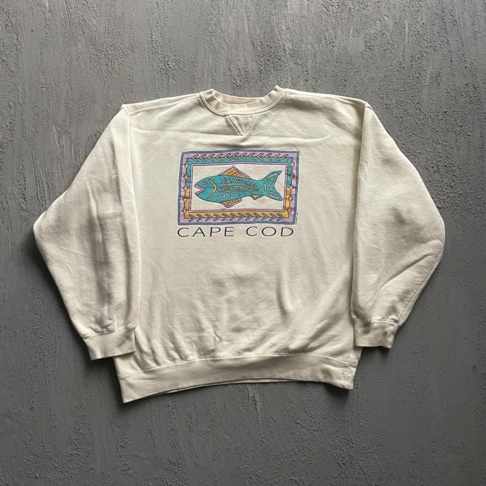 Vintage Cape Cod Fish Graphic Sweatshirt Mens X-Large Cream 90s BAC Premier